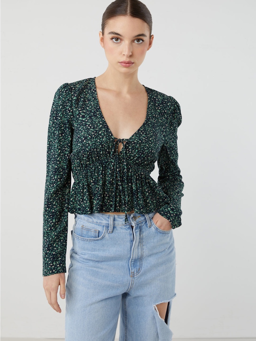 OAK + FORT Dark Teal Floral Tie-Front Blouse (S)